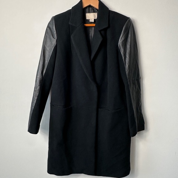 Black Wool PeaCoat With Contrasting 100% Lamb Nappa Leather Sleeves By H&M Sz 8 - Picture 1 of 10